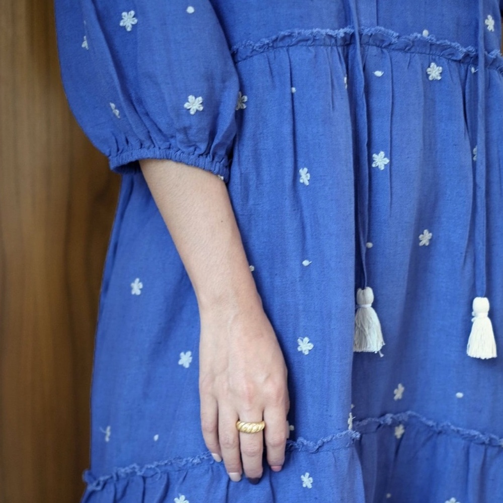 Harper Sage Secret Garden Dress puff Sleeves daisy & polka dot blue Midi dress - Picture 9 of 9